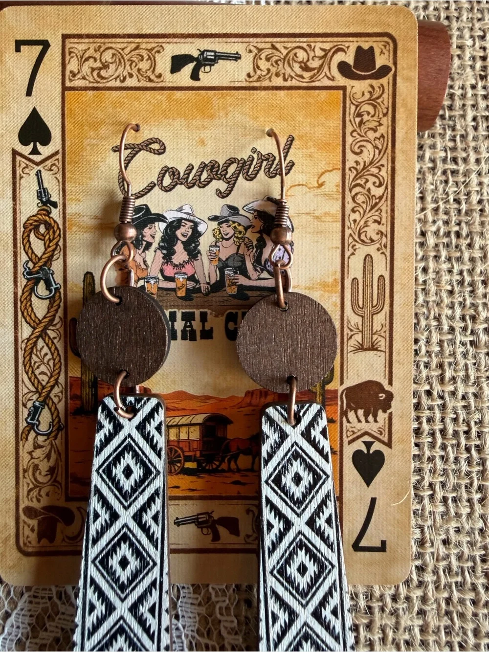 Western Aztec Wood Dangle Earrings Boho Cowgirl Lightweight Statement NEW